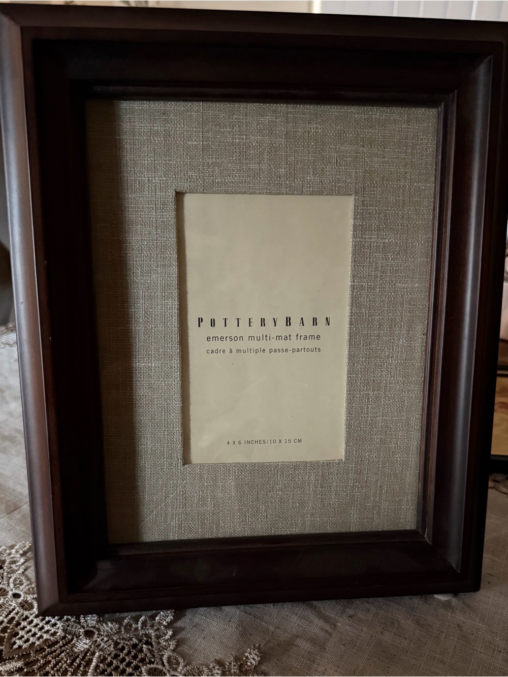 Pottery Barn Dark Brown Frame with Grey Cream Linen Mat
